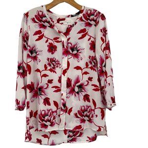 C & E Woman’s Blouse Top Tunic Red Pink Floral 3/4 Sleeve Size Medium Popover